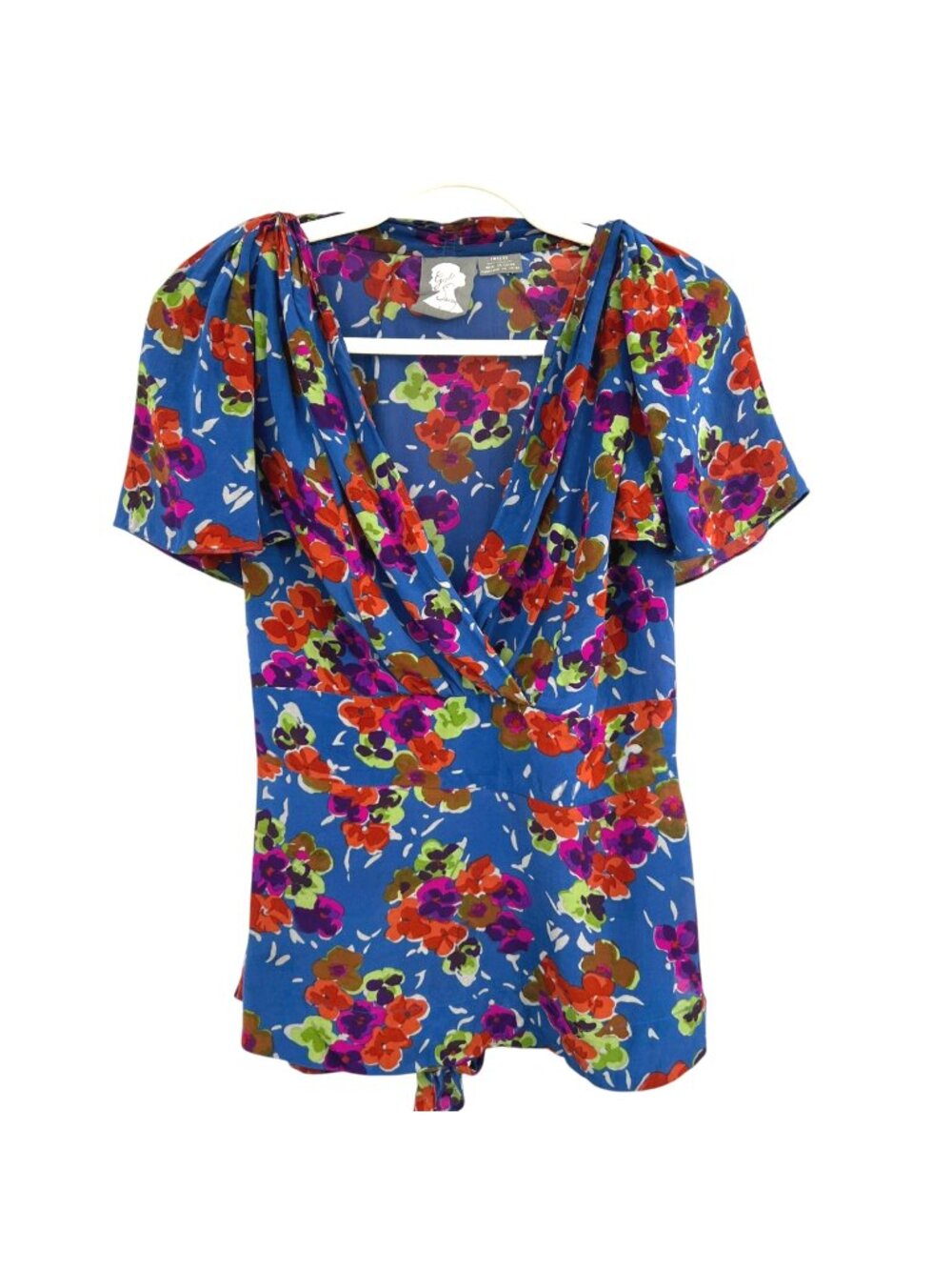 Girls From Savoy Dayflower Floral Blue Silk Blouse Short Flutter Sleeves Size 12